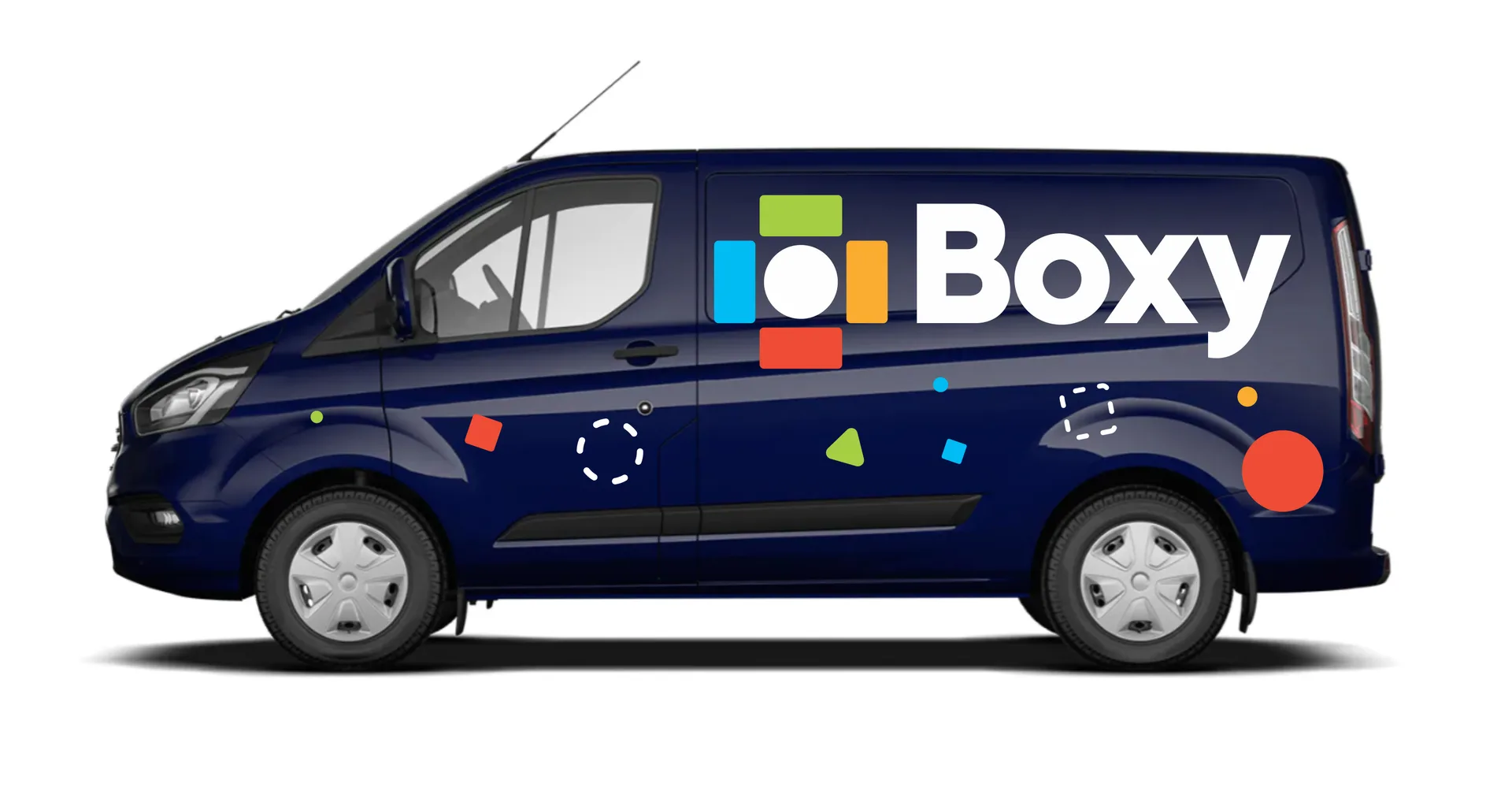 Boxy Transit Custom bal oldali látványterv – Boxy logó és modern színes geometrikus formák a sötétkék karosszérián, digitális arculati mockup