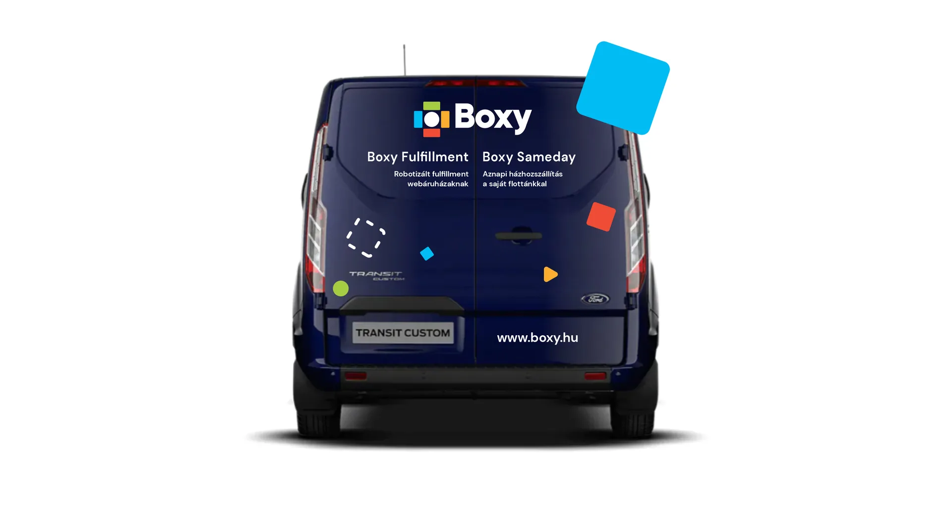 Boxy Transit Custom hátsó látványterv – Boxy logó, Boxy Fulfillment és Boxy Sameday szolgáltatási feliratok, www.boxy.hu weboldal cím a hátsó ajtón