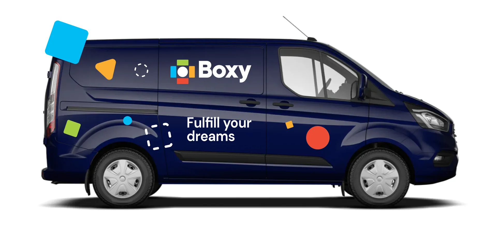 Boxy Transit Custom jobb oldali látványterv – Boxy logó, Fulfill your dreams felirat és színes geometrikus formák a sötétkék karosszérián, digitális arculati mockup